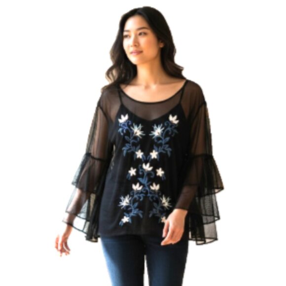 Women's Sheer Top Sz M NEW Black Overlay Tiered Embroidered Sequin Long Sleeve - Picture 1 of 13